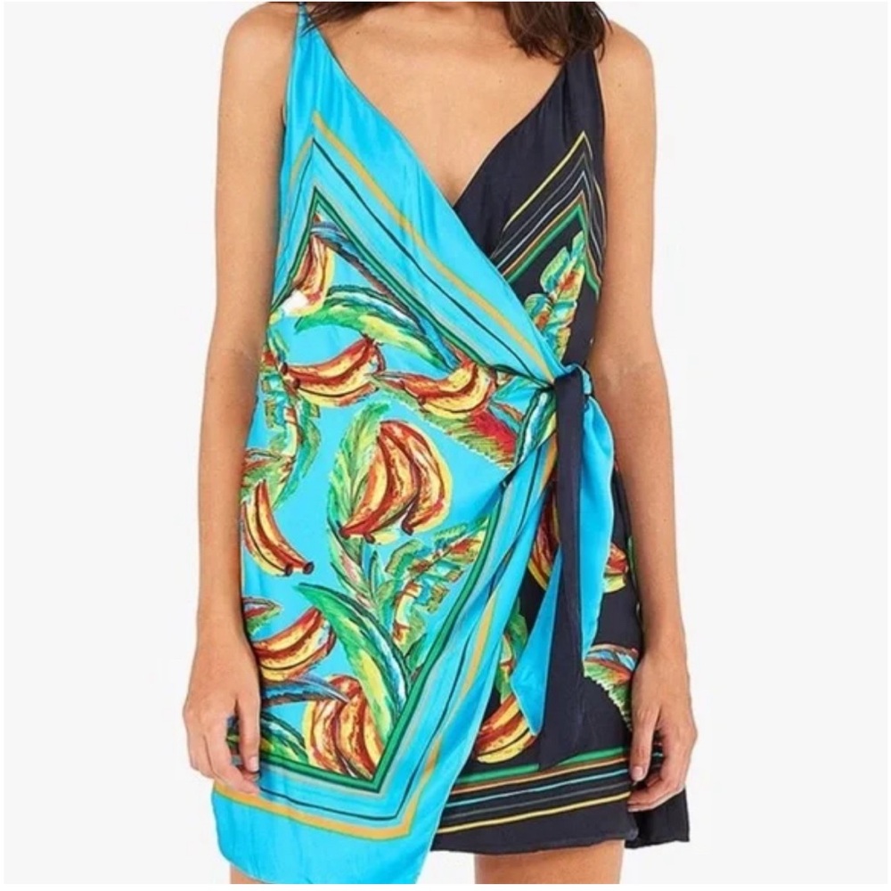 FARM Rio | Tropical Blue Banana Print Mini Wrap Dress